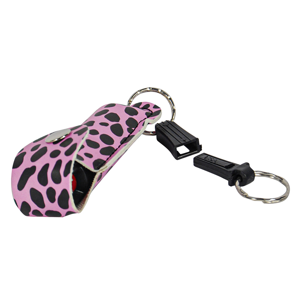 Pepper Shot 1.2% MC 1/2 oz pepper spray fashion leatherette holster and quick release keychain cheetah black/pink view 2